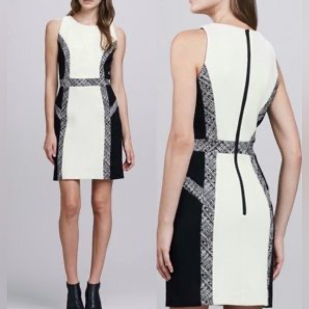 Milly Black Cream Colorblock Tweed Trim Wool Blend Sheath Dress Size 4 Lined